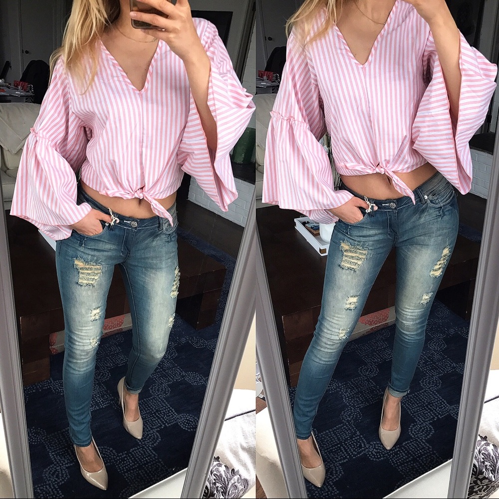White Peach Stripe Bell Sleeve Wrap Top - Picture 3 of 8
